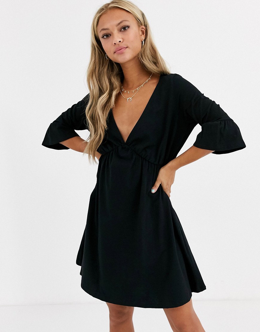 Asos Design V Neck Frill Sleeve Smock Dress-black