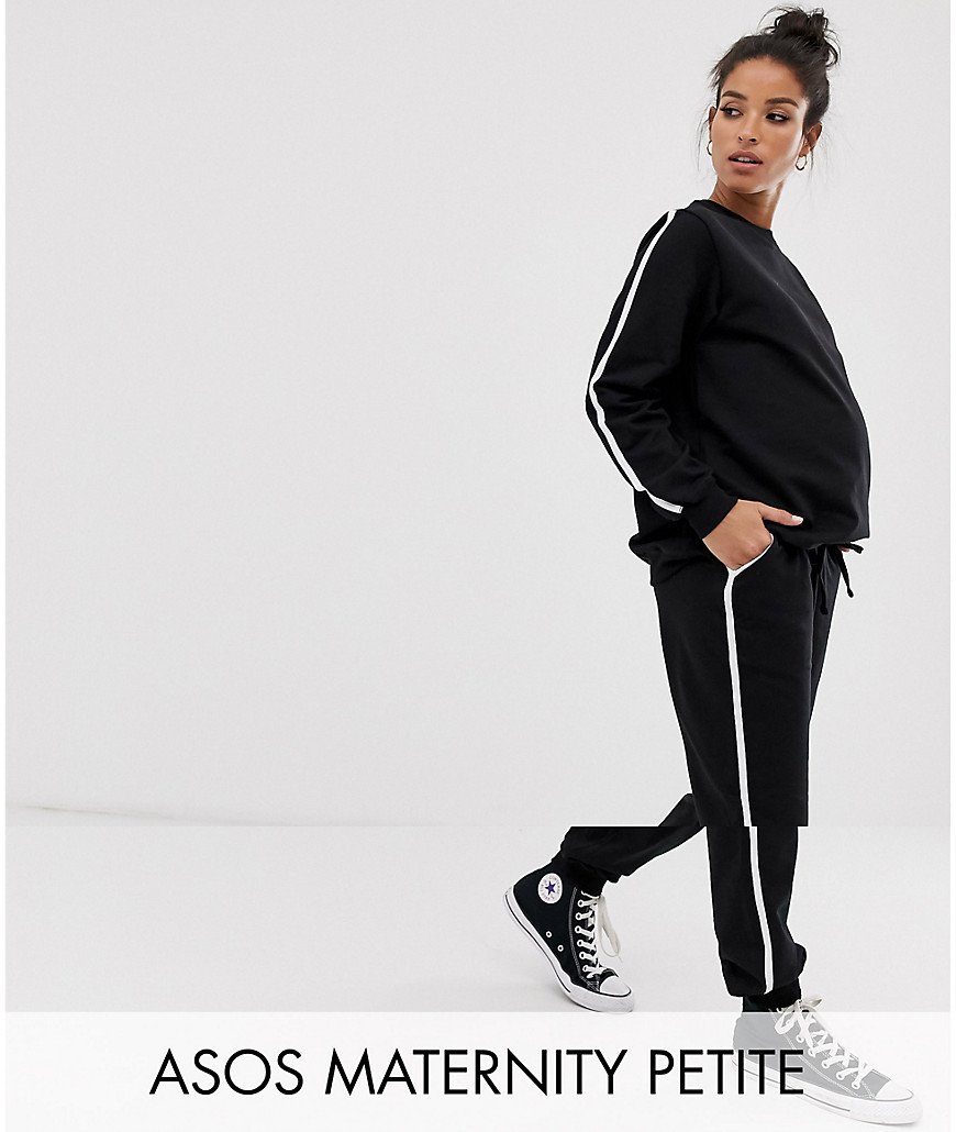 ASOS DESIGN Maternity Petite tracksuit sweat / basic under the bump jogger with tie with contrast binding