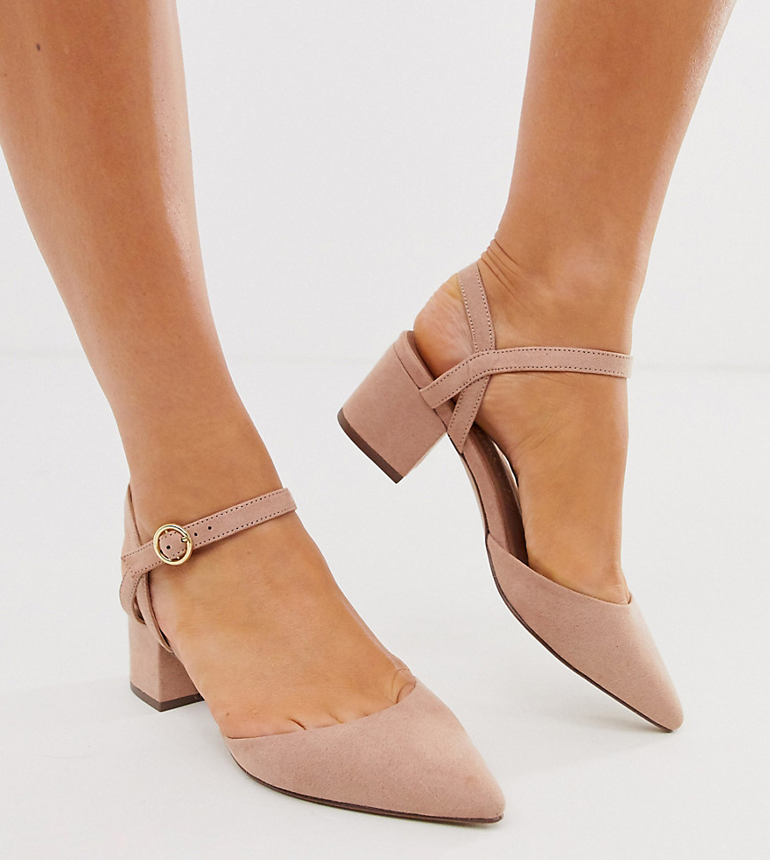 New Look Wide Fit faux suede low block heeled shoes in tan