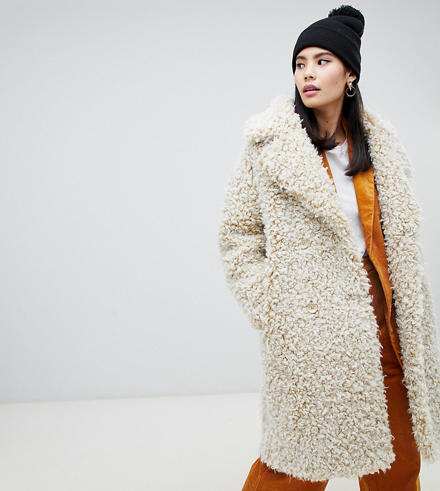 Monki double breasted teddy coat in off white