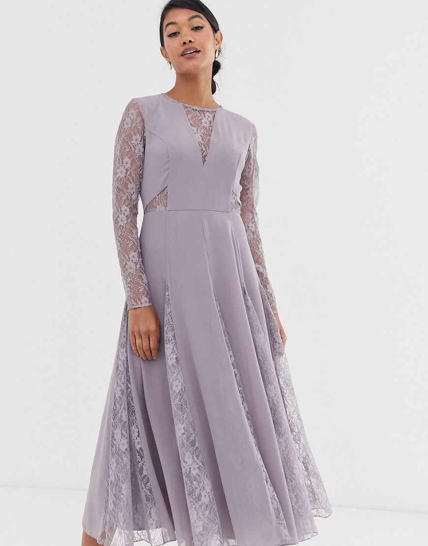 Asos Design Midi Dress With Long Sleeve And Lace Paneled Bodice-purple