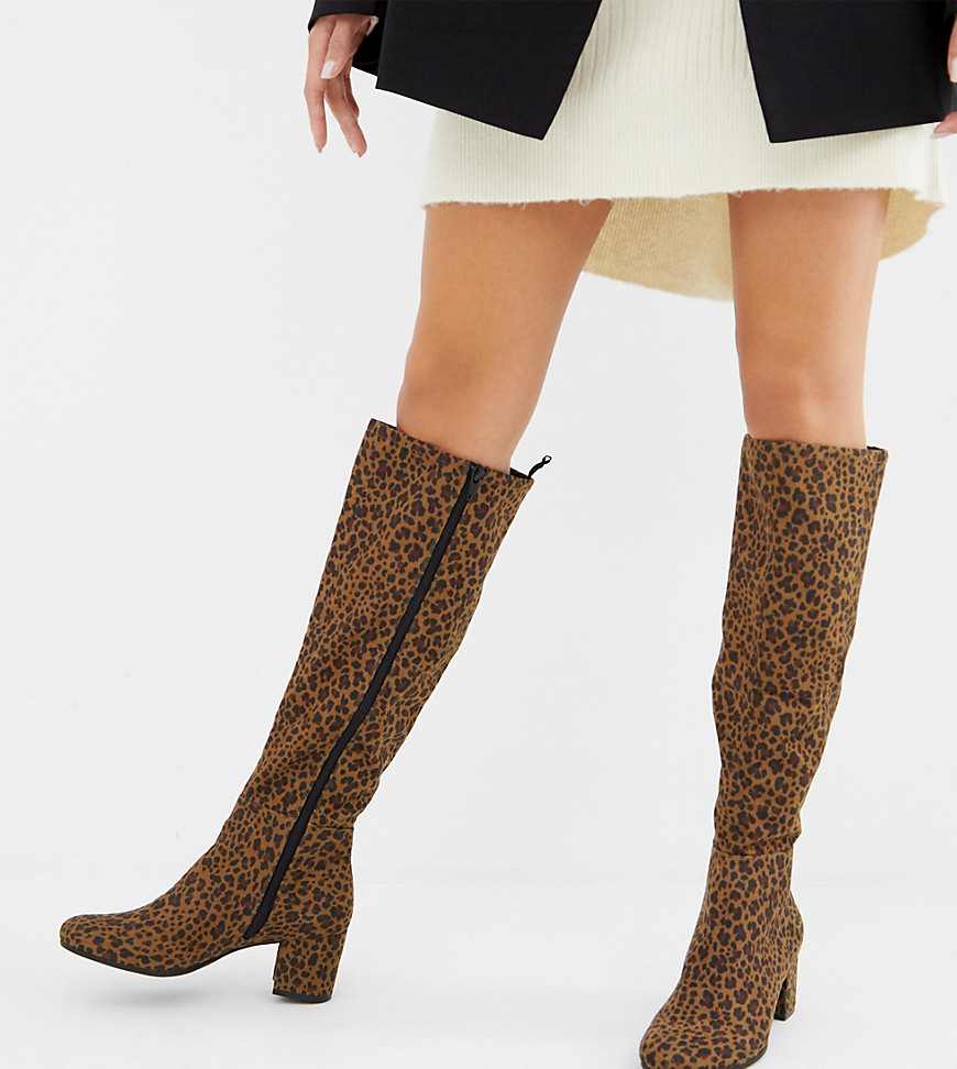 Monki knee high heeled boot in leopard print