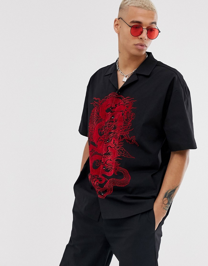 Jaded London co-ord revere collar shirt with dragon print in black