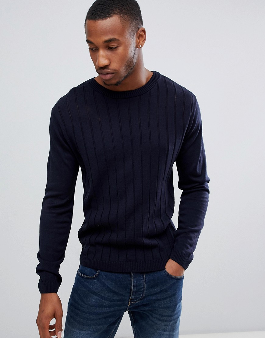 boohooMAN jumper with rib detail in navy