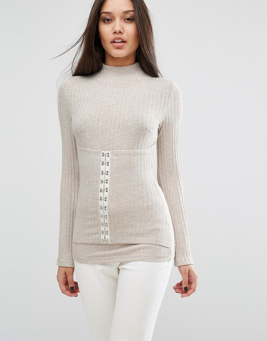 Lavish Alice Ribbed Top With Corset Detail - Oatmeal