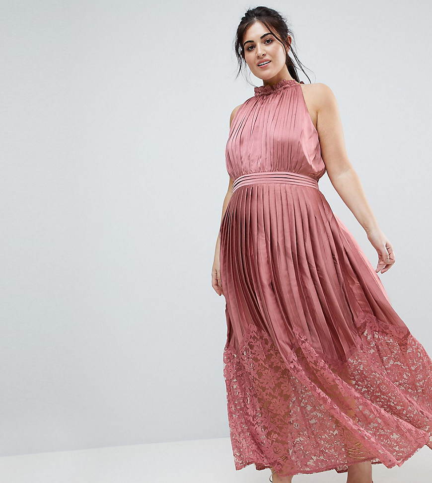 Little Mistress Plus Ruffle High Neck Maxi Dress With Lace Pleated Skirt