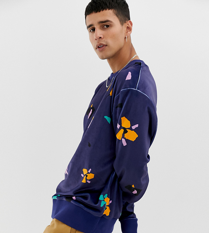 COLLUSION velour printed floral sweatshirt in navy