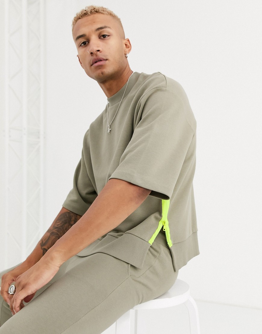 ASOS DESIGN co-ord oversized cropped short sleeve sweatshirt with neon side zip