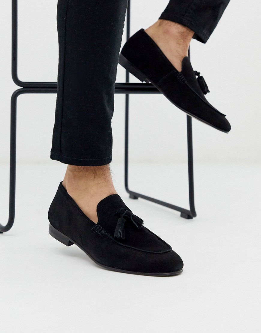 H by Hudson Bolton tassel loafers in black suede