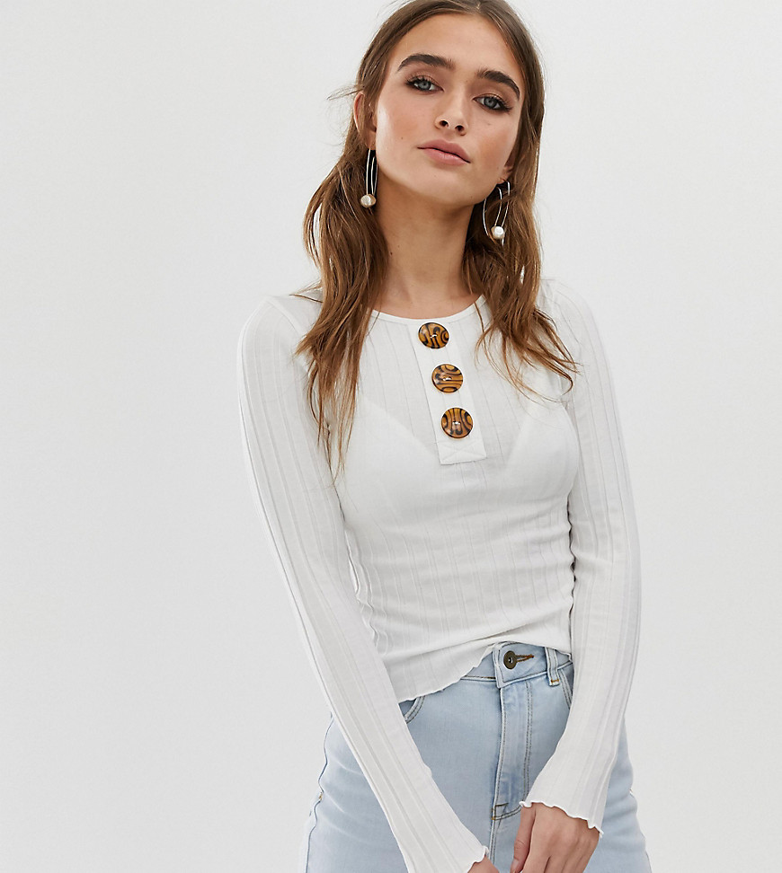 ASOS DESIGN Petite wide rib lettuce hem top with long sleeves and horn buttons