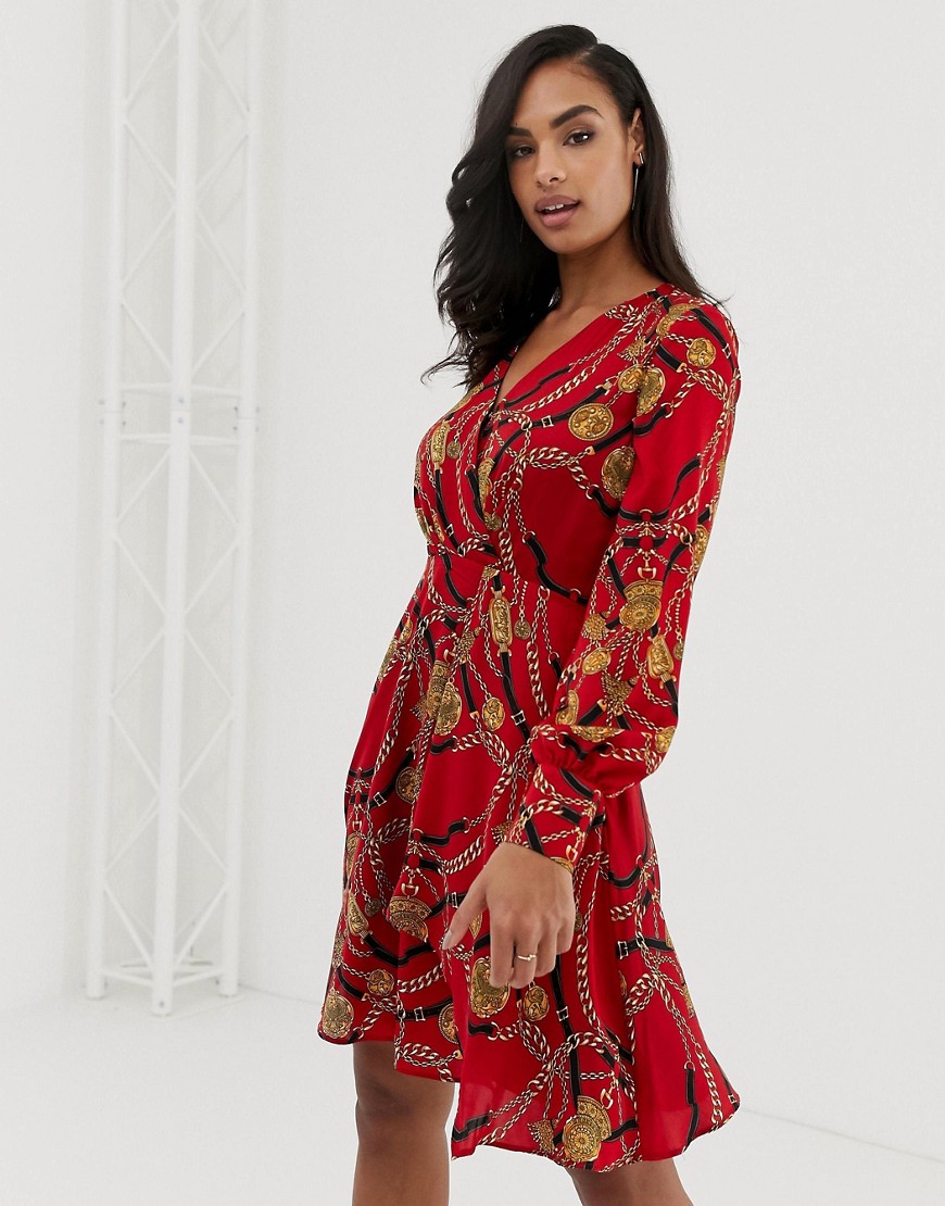 Morgan wrap front long sleeve dress with ruffle skirt in scarf print
