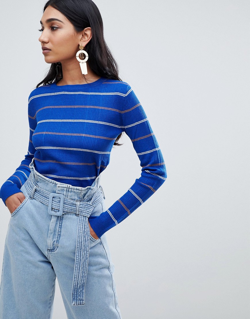 Mango bold colour and stripe ribbed top in blue