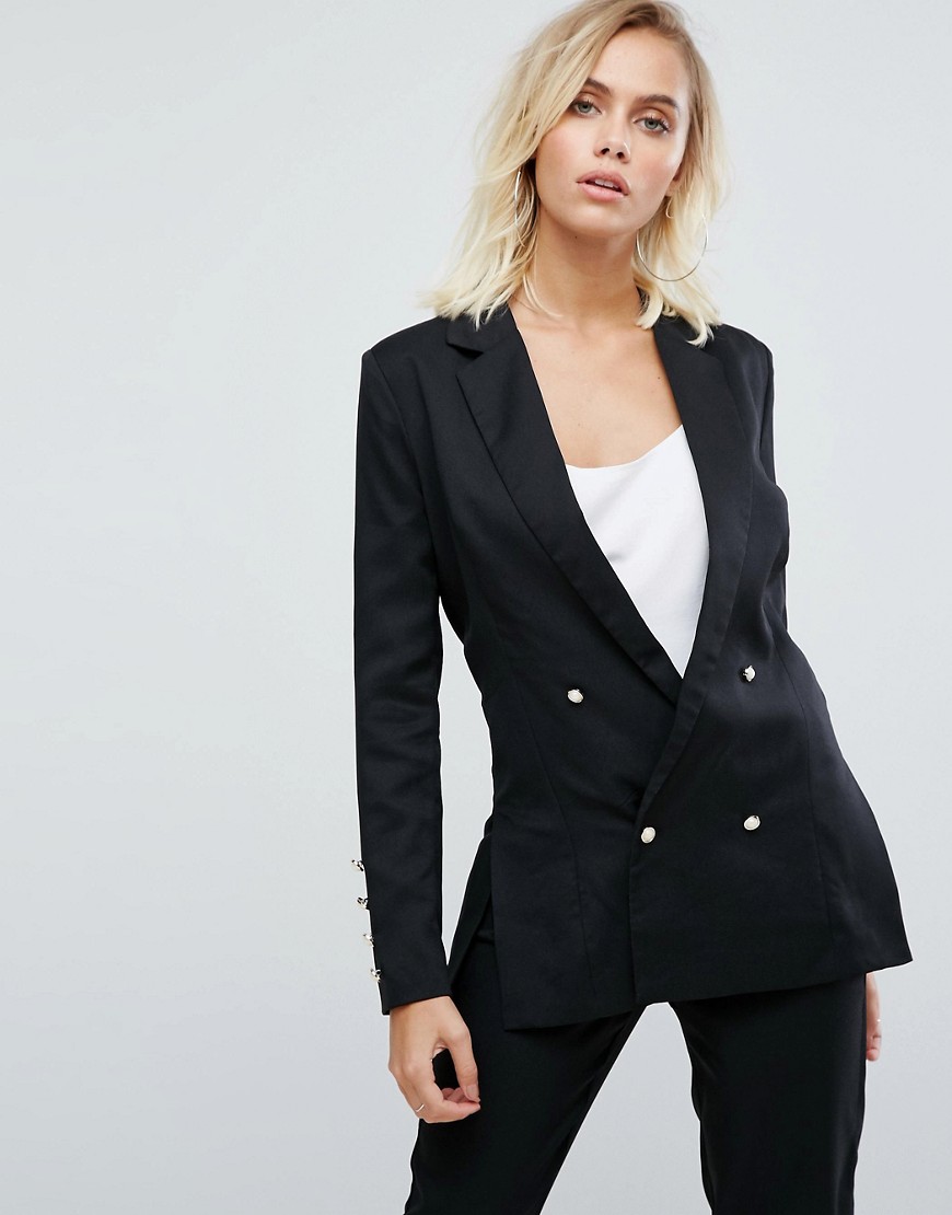 Fashion Union Double Breasted Blazer With Pearl Buttons - Black