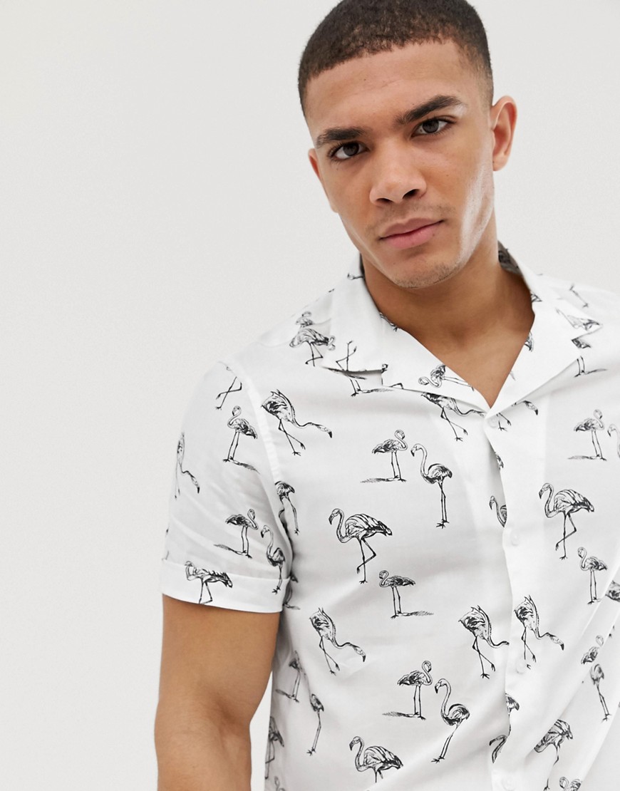 Burton Menswear revere shirt with flamingo in white