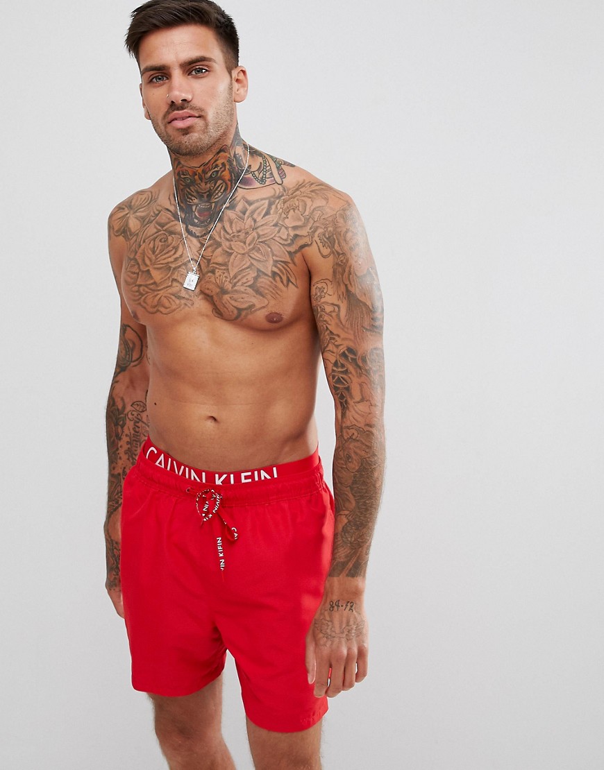Calvin Klein Medium Swim Shorts with Double Waistband - Red