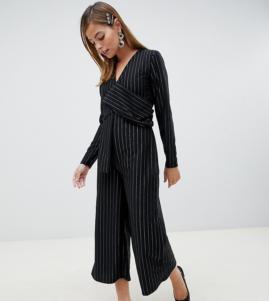 Lost Ink Petite jumpsuit with twist front in pinstripe