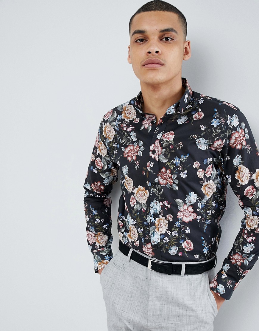 Selected Homme Smart Shirt With All Over Print In Slim Fit - Black aop