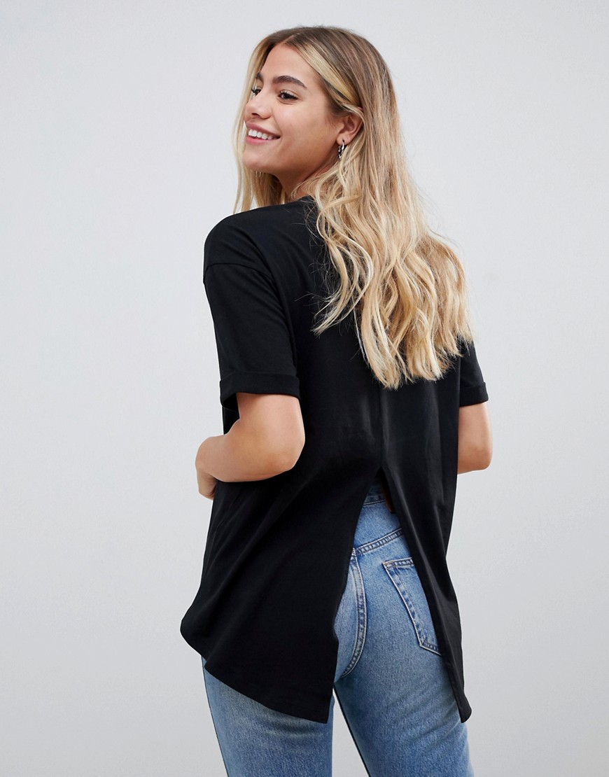 Asos Design T-shirt With Roll Sleeve And Split Back In Black - Black