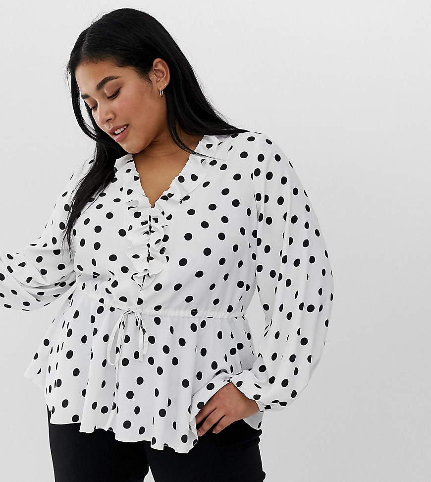 ASOS DESIGN Curve long sleeve v neck ruffle front tea blouse with tie waist in spot print