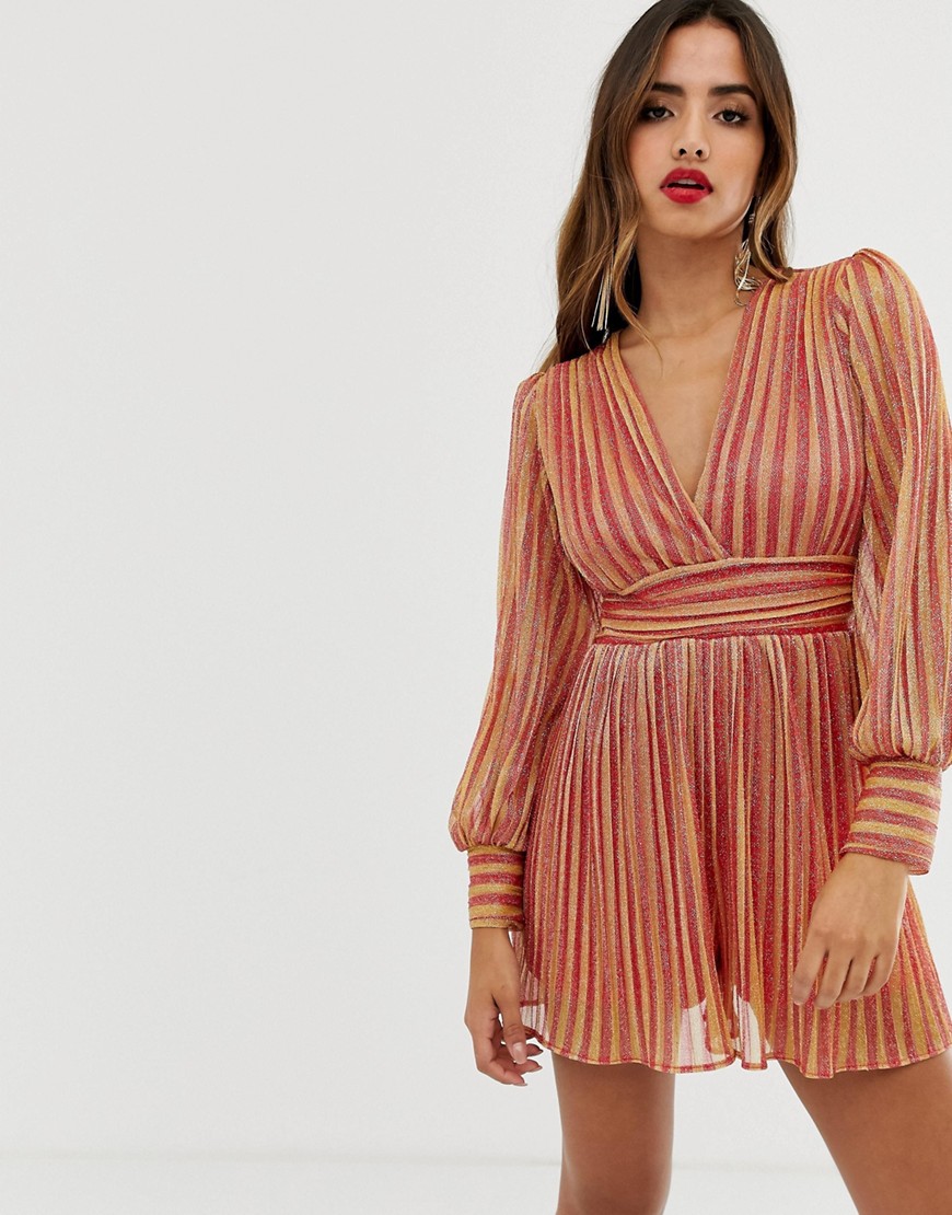 TFNC pleated playsuit with long sleeves in glitter