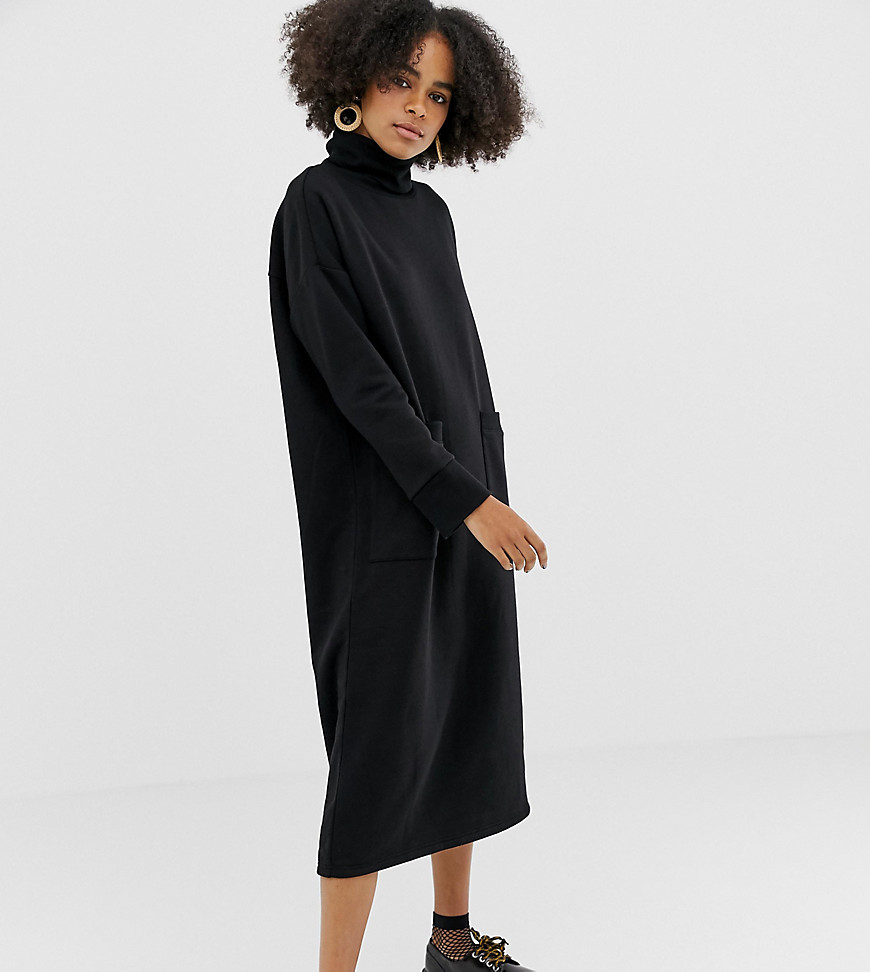 Monki roll neck midi dress with oversized pockets in black