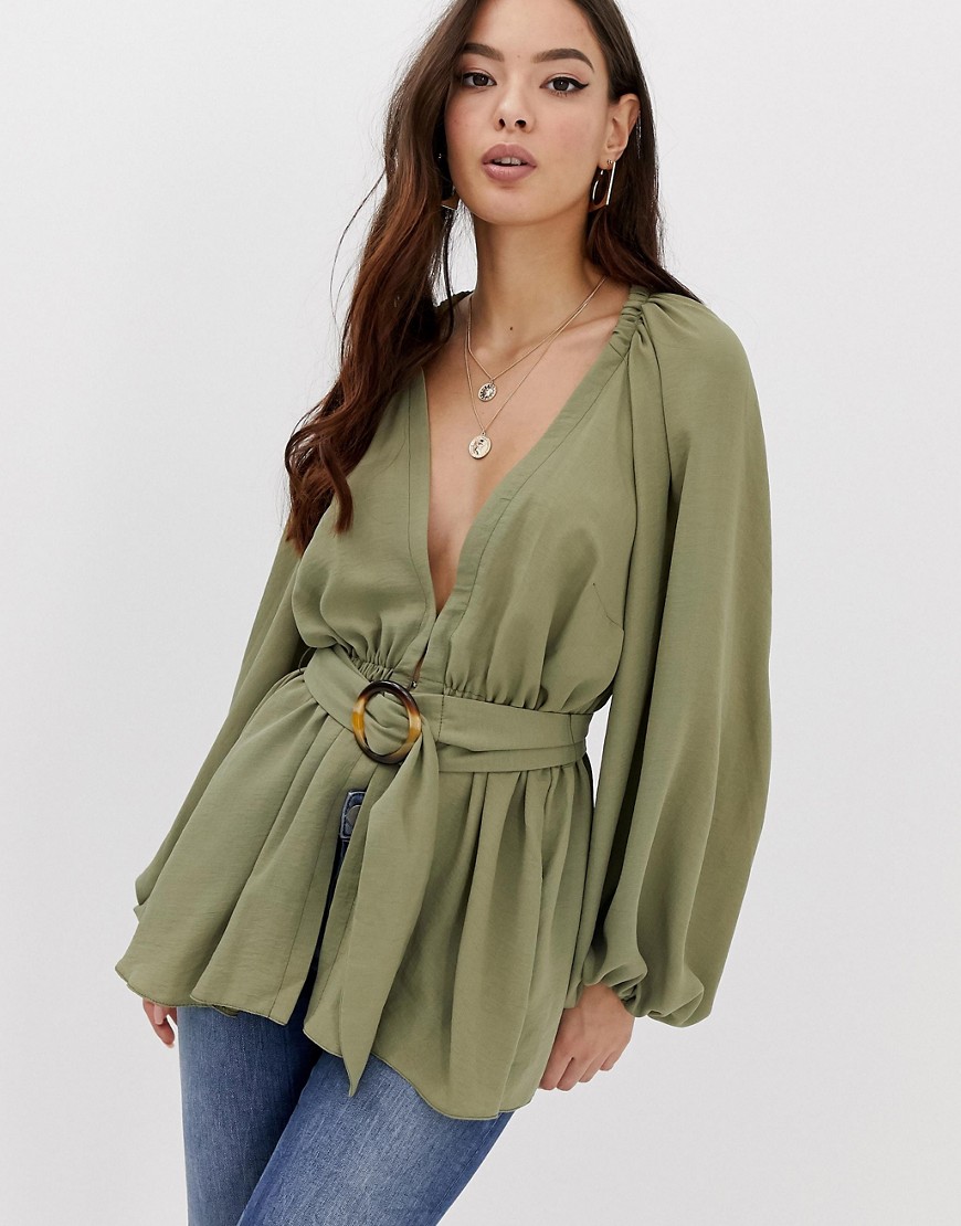 ASOS DESIGN long sleeve plunge top with kimono sleeve and belt