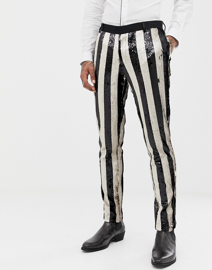 ASOS EDITION skinny tuxedo suit trousers in black and cream reversible sequin stripe