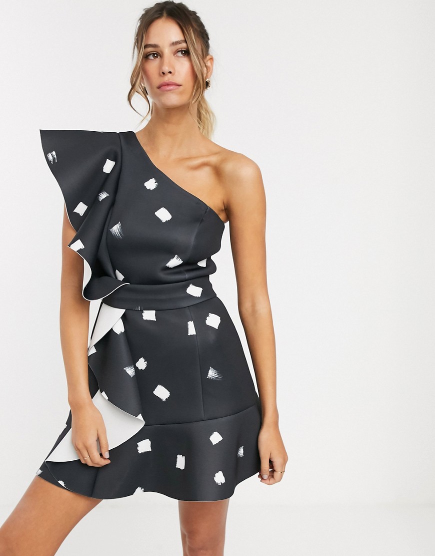 Asos Design One Shoulder Mini Ruffle Dress In Print-multi