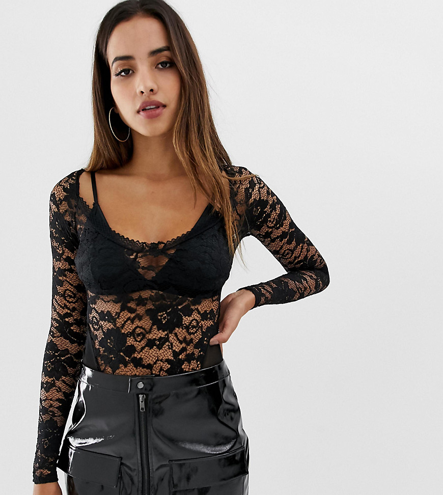 PrettyLittleThing lace long sleeve body with mesh panels in black