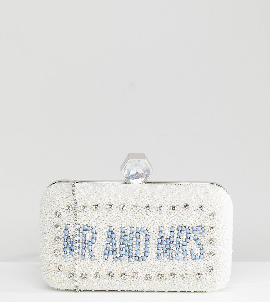 Amelia Rose Embellished Box Clutch Bag With Mr & Mrs Motif - White