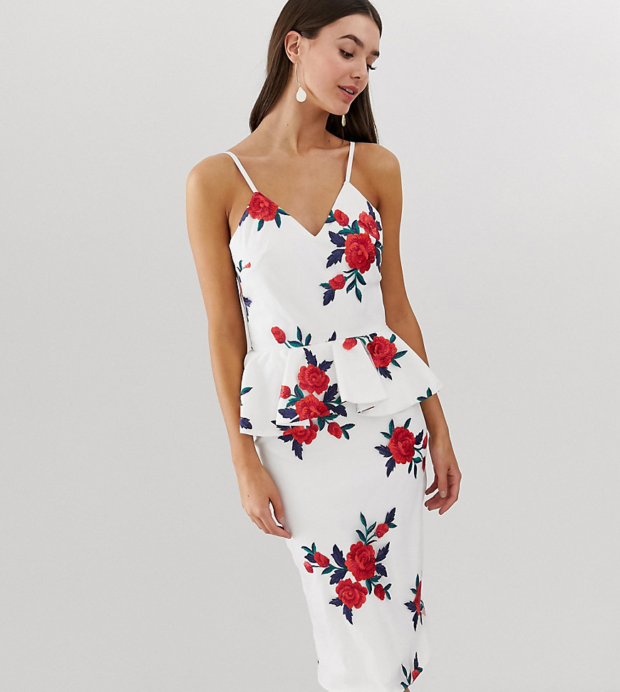 Chi Chi London Tall midi peplum dress with floral embroidery in white
