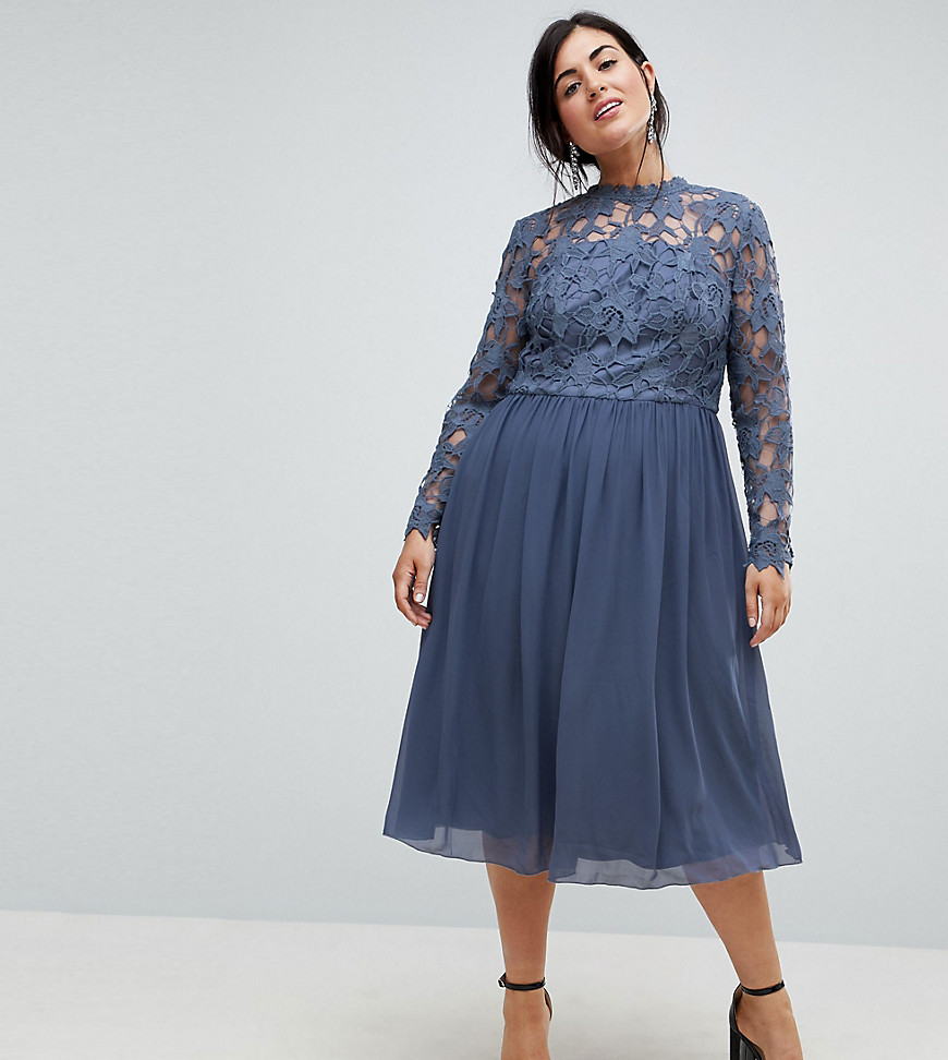 Chi Chi London Plus High Neck Midi Skater Dress With Lace Sleeves - Blue