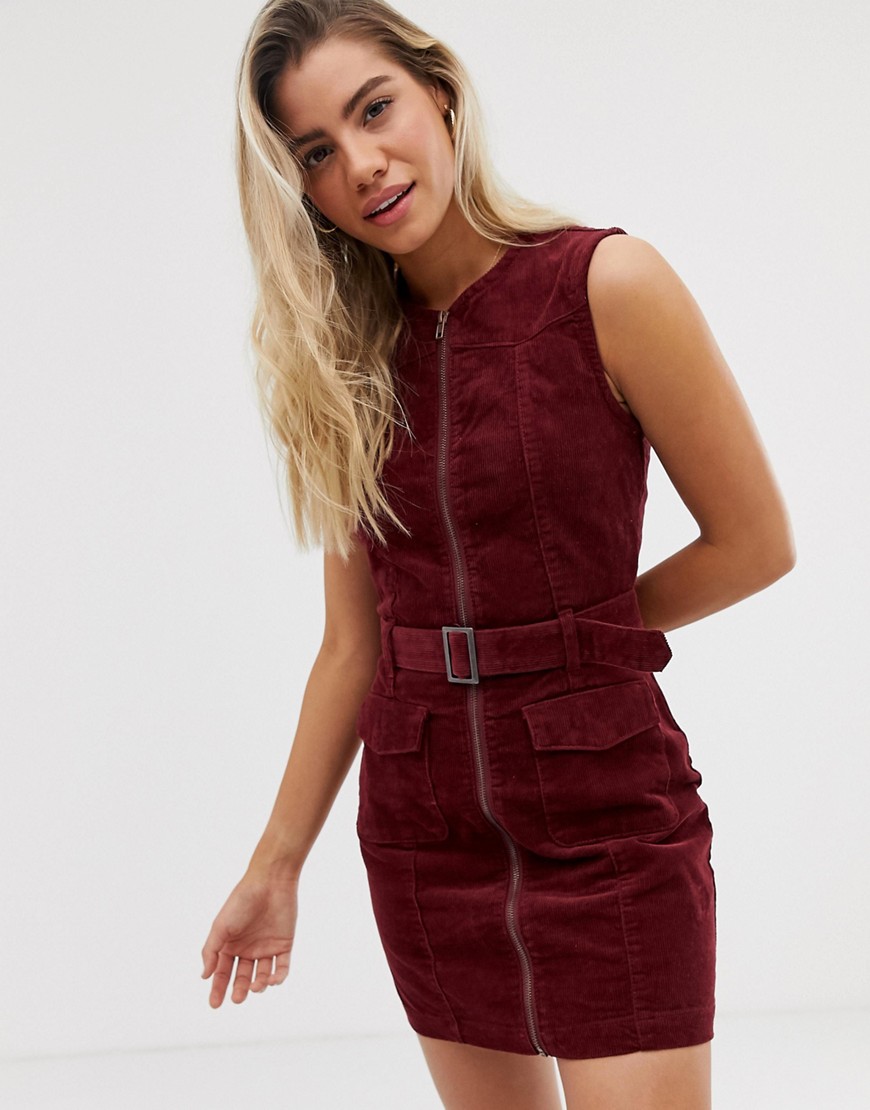 Urban Bliss Wednesday cord dress with zip front and belt detail