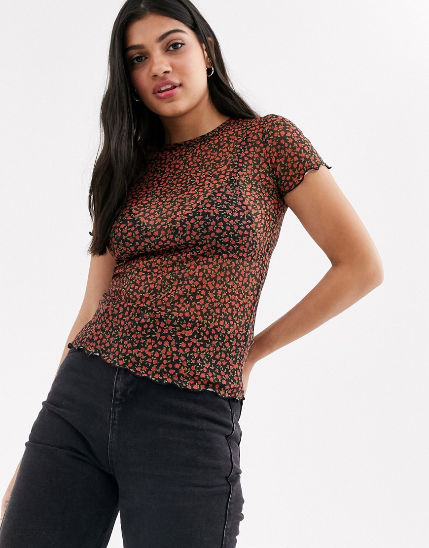 New Look mesh tee in red rose ditsy floral