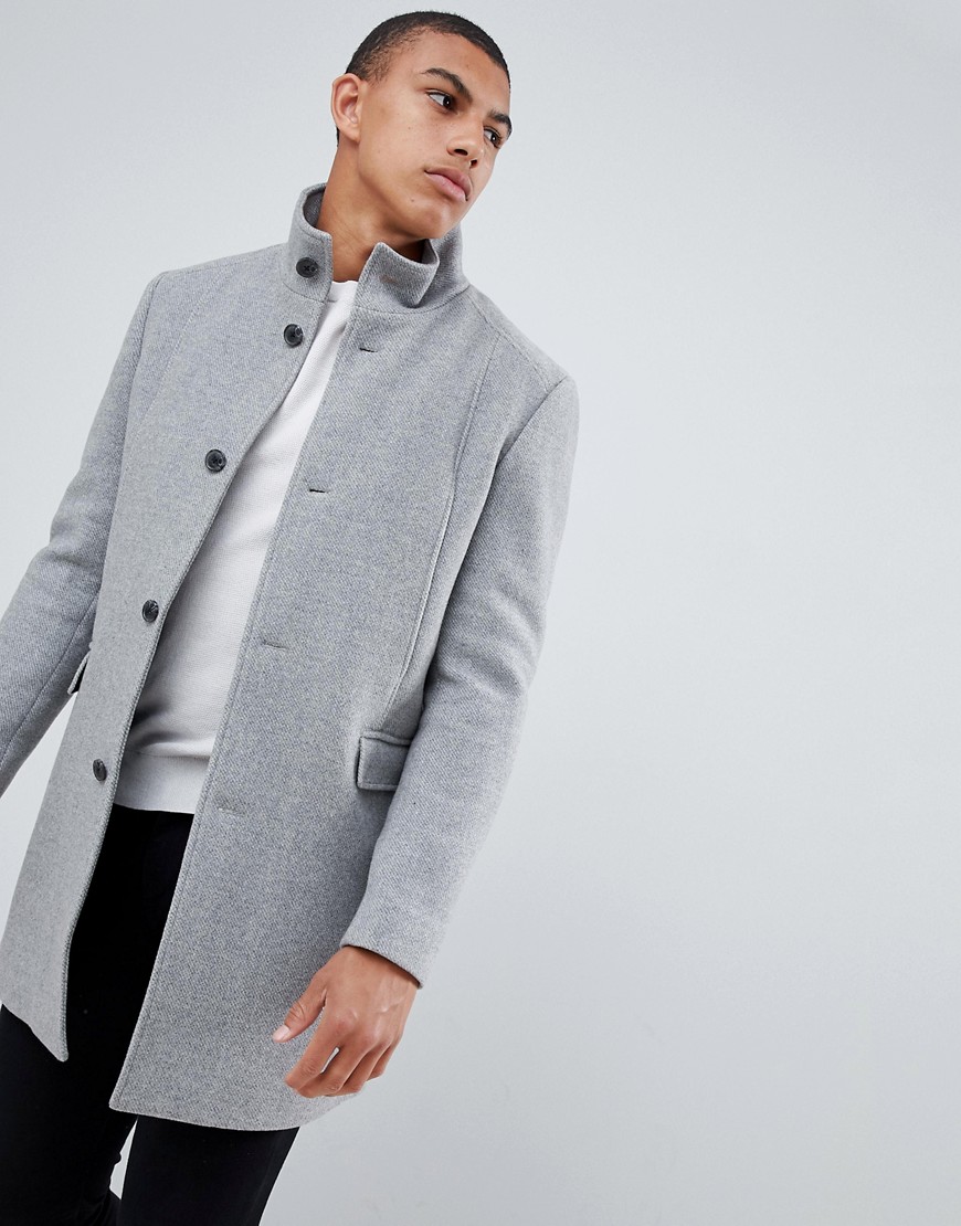 Selected Homme recycled wool overcoat with funnel neck - Medium grey melange