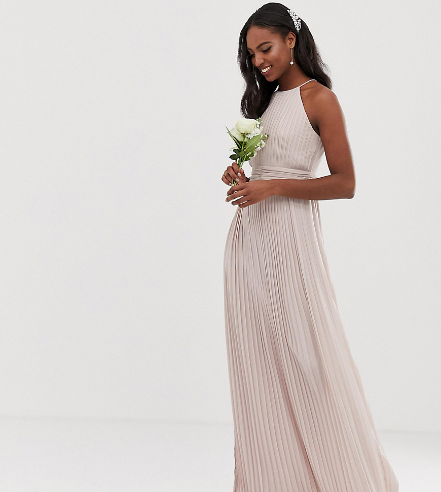 TFNC Tall bridesmaid exclusive high neck pleated maxi dress in taupe