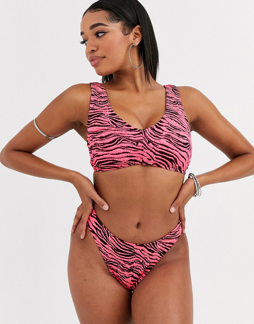 ASOS DESIGN fuller bust mix and match crinkle v crop bikini top in pink zebra print DD-F