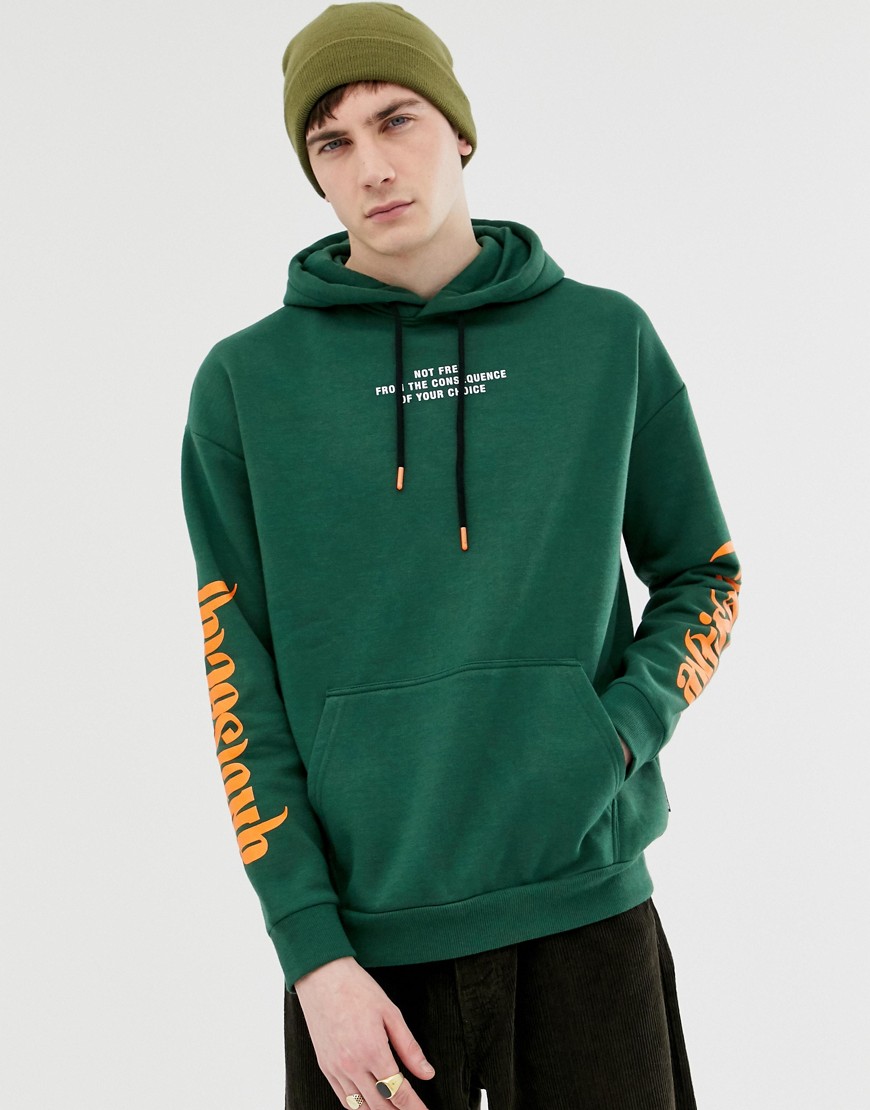 YOURTURN hoodie in green with chest and sleeve print