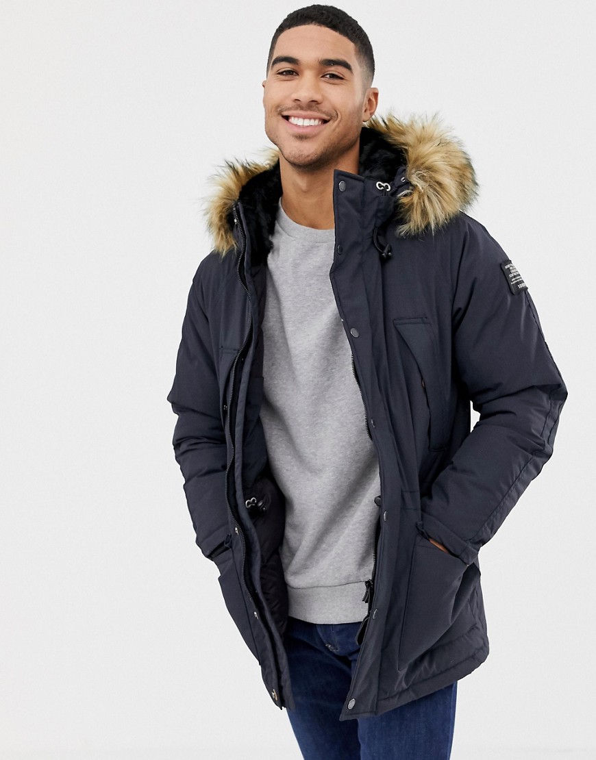 Schott Artica X hooded nylon parka jacket detachable faux fur trim slim fit in navy