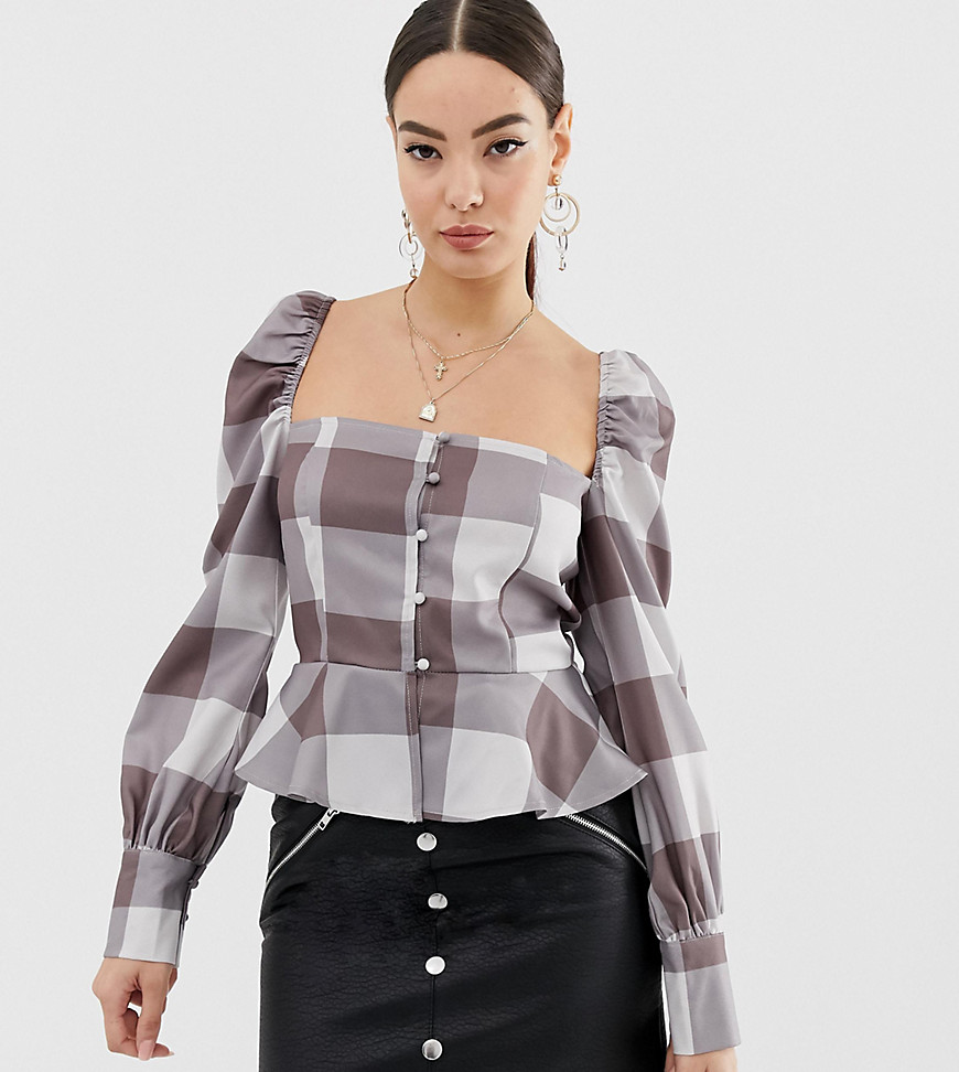 Missguided square neck peplum top in grey check