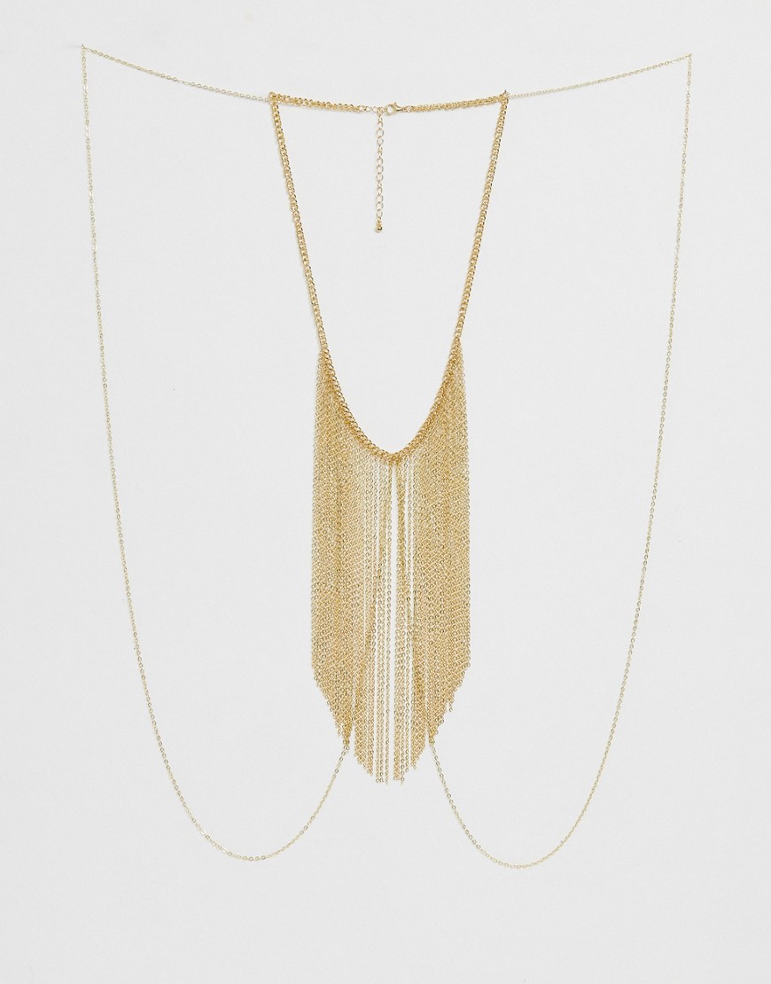 Asos Design Body Chain With Chain Fringe In Gold Tone