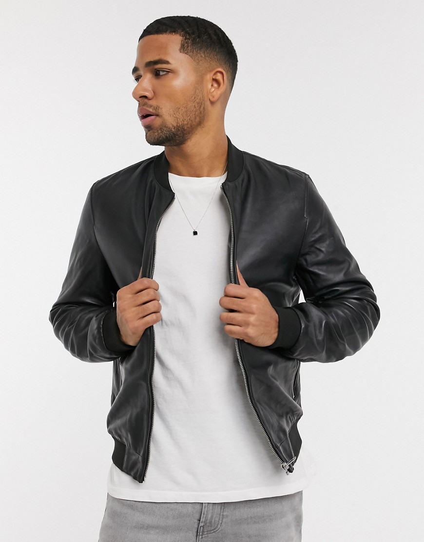 ASOS DESIGN leather bomber jacket in black