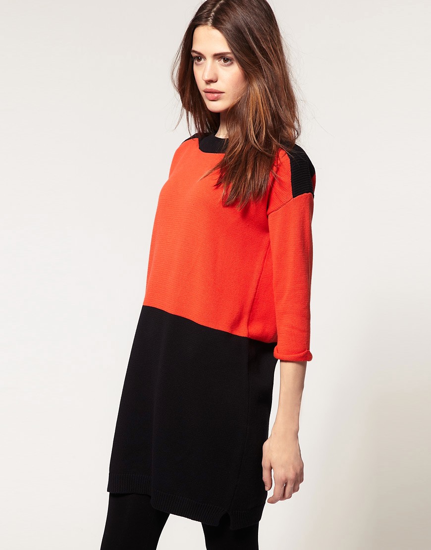 ASOS Knitted Dress In Colour Block - Blue/black