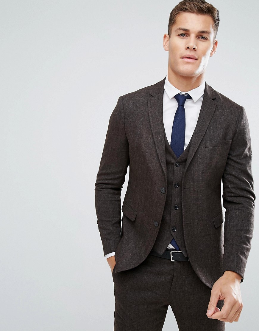 Jack & Jones Premium Slim Suit Jacket In Herringbone Tweed - Brown
