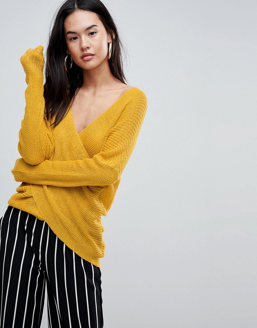 Parallel Lines Light Knit Jumper With Wrap Front - Mustard