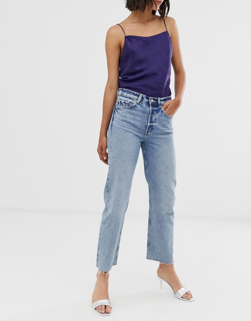 & Other Stories straight leg jeans with raw hem in mid blue