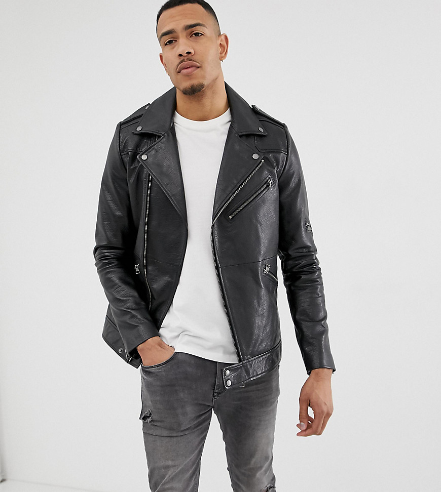 ASOS DESIGN Tall leather racing biker jacket in black