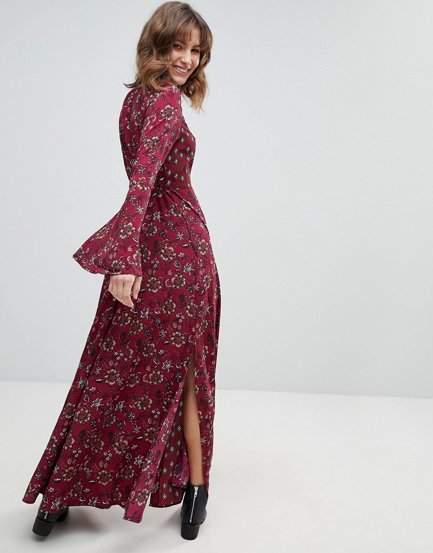 Band Of Gypsies Retro Bell Sleeve Maxi Dress - Burg taupe