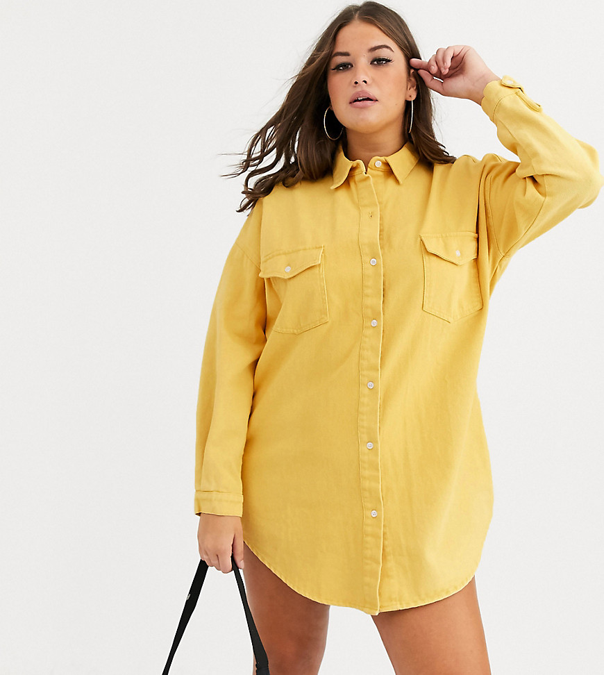 Missguided Plus denim shirt dress in yellow