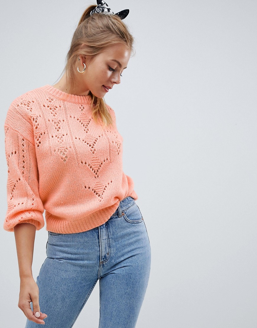 Asos Design Jumper In Fluffly With Lace Stitch-orange